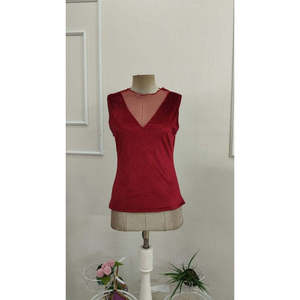 Women's Sleeveless Tulle Round Neck Deep V-Neck <b>Glitter</b> Blouse, 36067 - <b>Red</b> - Product Image 5
