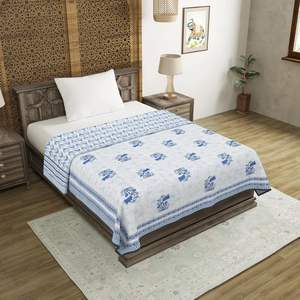 Jaipur ผ้าฝ้ายพิมพ์ลายบล็อกมือสำหรับฤดูร้อนผ้าปูเตียงแบบ malmal ขนาดเดียวกลับได้มีดีไซน์ใบไม้สีฟ้า - Product Image 6