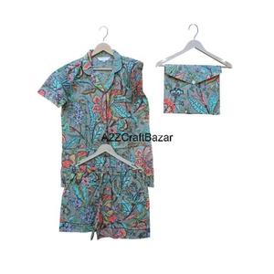 Ensemble de pyjama court pour femme en coton pur 100% imprimé à la main, col en V, confortable, vêtements de nuit, vêtements d'été - Product Image 5