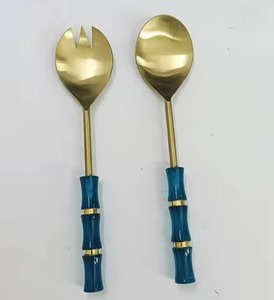 Set de service à salade doré avec manche en pierre Outil de service décoratif à salade plaqué or Cuillère Fourchette Royal Couverts - Product Image 4