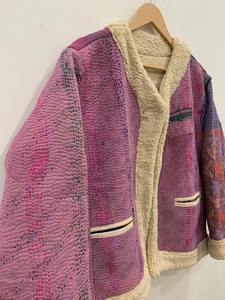 Violet Kantha fausse fourrure veste gilet court boutons faits à la main manteau doux vêtements d'hiver veste manteau Floral femmes manteau - Product Image 2