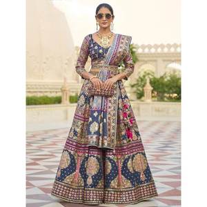 Hermoso Lehenga Choli de Seda Rajwadi Azul con Bordado de Espejo, Traje Tradicional para Bodas - Product Image 2