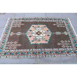 Vintage Accent Rug, 4x5.8 ft Turkish Rug, <b>Brown</b> Moroccan <b>Wool</b> Rug - Product Image 4