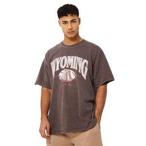 T-shirt en coton surdimensionné pour homme, motif graphique vintage délavé Wyoming USA, manches courtes, col rond, coupe jersey - Product Image 1