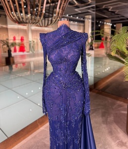 Silueta de sirena azul marino con cuentas transpirable de talla grande vestido de noche hasta el suelo adorno transparente tren de cintura Natural - Product Image 2