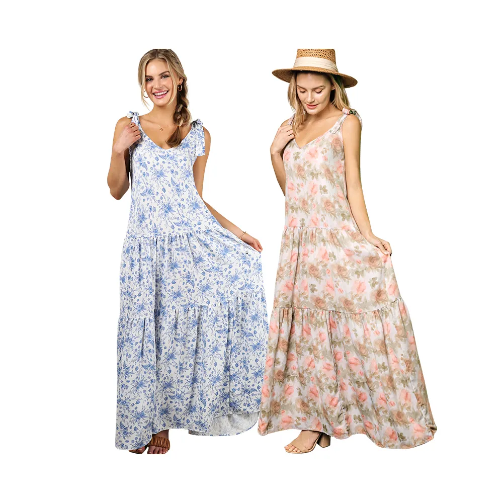 2022 Spring/Summer Season Women'S Sleeveless Strap Tied Deep V-Neck Floral Printed Layer Maxi Dress