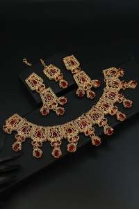 Retro bohemio oro diamantes de imitación pendientes flor tallada turquesa borla pendientes collar clavícula cadena gargantilla conjunto de joyería - Product Image 5