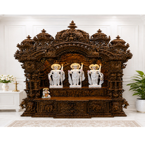 Temple de prière en bois massif Sri Ram Darbar pour la maison, grand modèle, finition noyer foncé, unité de prière ornée avec base et piliers sculptés en forme d'éléphant. - Product Image 1