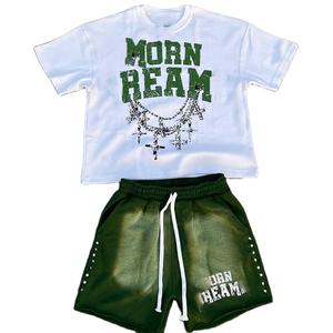 Ensemble de shorts et t-shirts pour hommes, personnalisés, imprimés sur mesure, style vintage, effet délavé, pour la vente en gros, haute qualité - Product Image 1