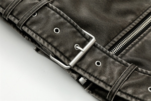 Nueva marca Chaqueta de cuero lavado para mujer con cinturón abrigo corto con cremallera degradada y chaquetas de solapa vintage - Product Image 4