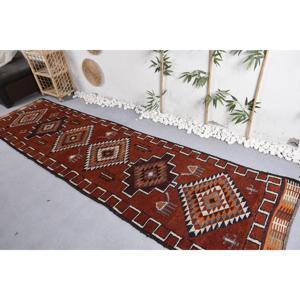 พรมเฮอร์กีตุรกี ขนาด 3.2x11.5 ฟุต สีแดงส้มไล่เฉด ทำจากขนสัตว์ วินเทจ - Product Image 4