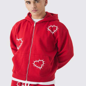 Dernier design streetwear, sweat-shirt oversize rouge à fermeture éclair, imprimé cœur, basique, en coton mélangé, sweat-shirts personnalisés en gros pour hommes - Product Image 1