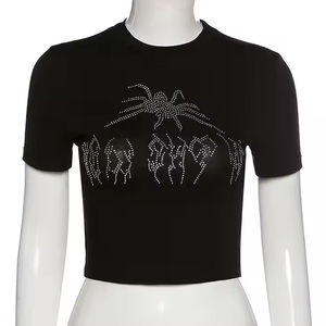 Camiseta Corta Casual de Verano para Mujer con Pedrería, 100% Algodón, Tejido de Punto, Corte Regular - Product Image 4