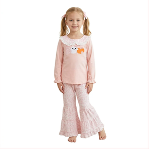 Girls Pink Leopard Print Long Sleeve Ruffle Top and Pants Set with Cartoon Applique Front Design Comfortable Style - Product Image 4