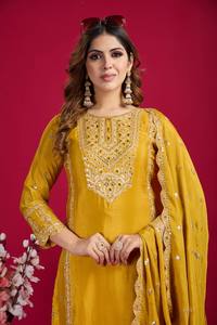 Attractive Lightweight <b>Silk</b> Semi-Stitched Front Self Embroidery Indian Shalwar Kameez Party Dresses Gown for Women - Product Image 5