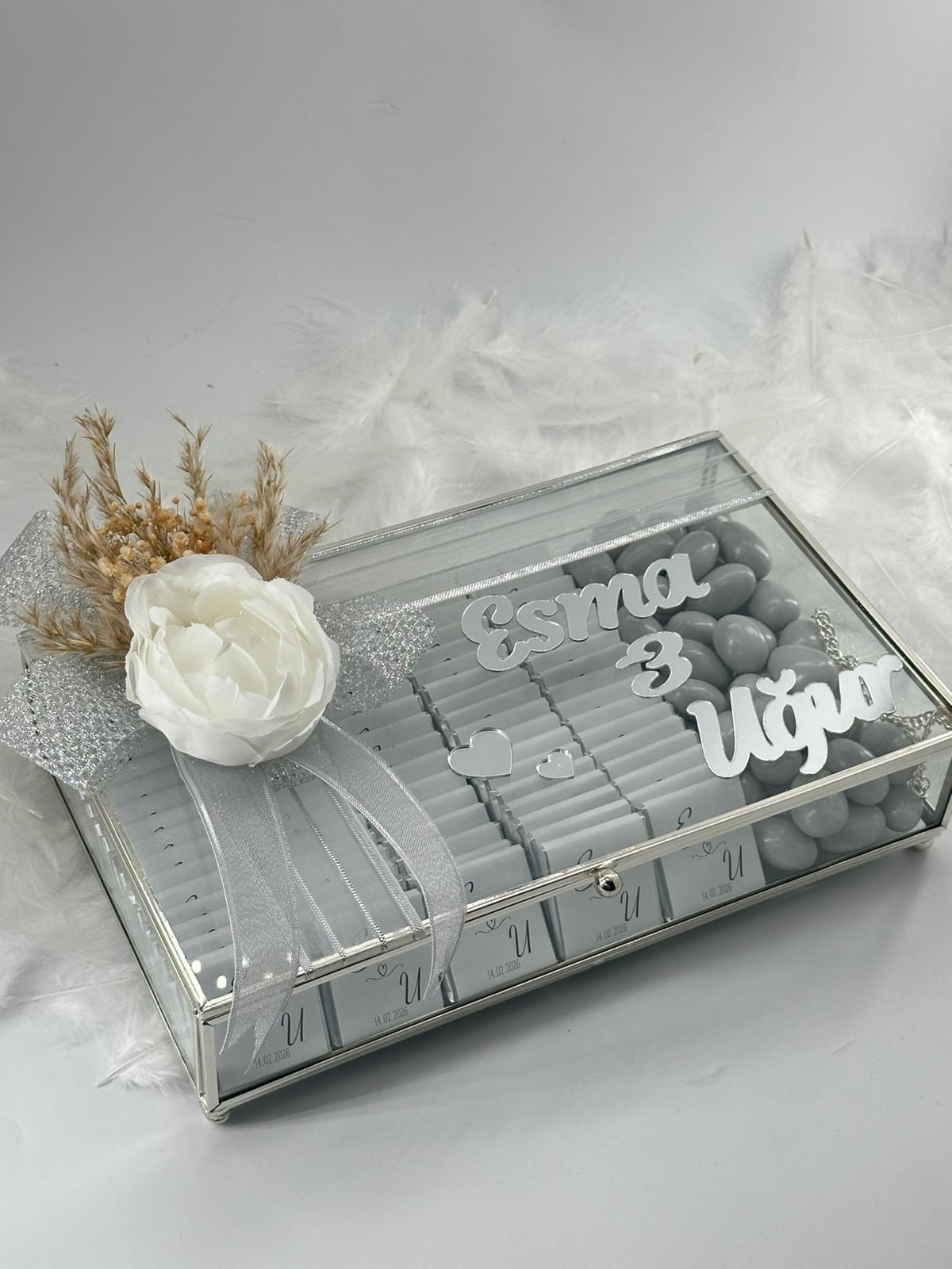 Silver Glass Box -100 pcs Chocolate with Paper