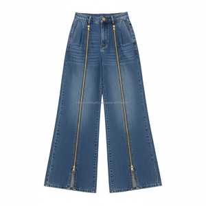 Jean cargo taille haute à jambes larges pour femme avec double fermeture éclair sur le devant, style streetwear, en denim personnalisé - Product Image 4