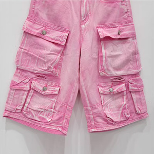 กางเกงยีนส์ขาสั้นผ้าฝ้ายสำหรับผู้ชายกางเกงขาบานแบบย้อนยุคขากว้างสีชมพูคุณภาพสูง2025 - Product Image 3