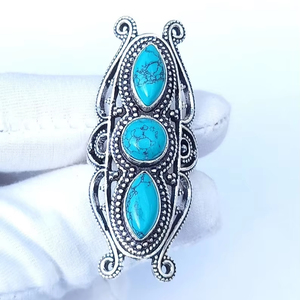 925พลอยเทอร์ควอยซ์ทำด้วยมือแหวนเงินสเตอร์ลิงโบฮีเมียนของขวัญงานแต่งงานสำหรับเธอ - Product Image 1