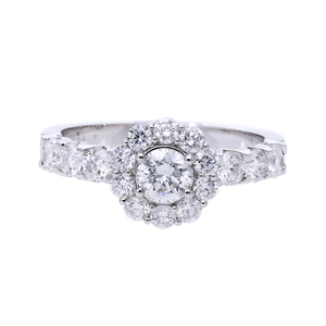 Bague pour femme en or blanc 14 carats plaqué rhodium avec diamant naturel, dotée d'une pierre centrale et d'un halo de diamants, design classique - Product Image 1
