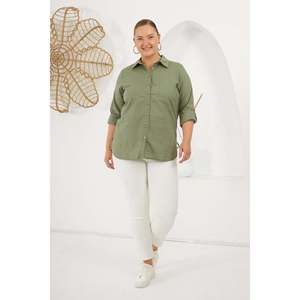 RMG Plus Size Khaki Cotton Linen Blend <b>Shirt</b> with Shoulder <b>Epaulets</b> for Women - Comfortable and Stylish Casual Wear - Product Image 5