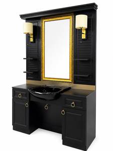 Black Gold Metal Salon Vanity <b>Set</b> with Hair Washing Station <b>Mirror</b> <b>Wall</b> Lamp Sink Cabinet for Barber Shop - Product Image 1