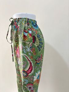 Tropical Bloom Cotton Pants Green <b>Garden</b> Boho <b>Trousers</b> Wildflower Print Lounge Pants - Product Image 5