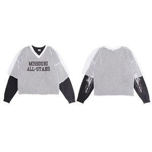 เสื้อยืดแขนยาวสองชั้นผ้าฝ้าย100% สำหรับผู้ชายลำลองฮิปฮอปพิมพ์ลายตาข่ายสีทึบปรับแต่งได้ - Product Image 2