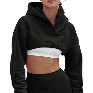 Long Sleeve Cropped Women's Custom Solid Pullover <b>Crop</b> <b>Top</b> Hoodie Breathable Polyester Cotton Fleece Short Length Winter - Product Image 1