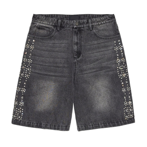 Short en denim épais pour hommes personnalisé Jorts en cristal avec strass Braguette vintage à fermeture éclair 100% coton OEM Service tissé Mid - Product Image 3