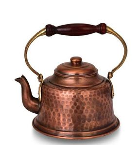 rustic home copper <b>kettle</b> <b>with</b> thick <b>wood</b> <b>handle</b> and artisan edges suitable for holiday gatherings or gift ideas - Product Image 5