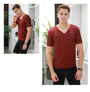 Vente en gros T-shirts d'été tricotés à col en V pour hommes, couleur pure, manches courtes, sans trace, doux, léger, écologique, respirant et décontracté - Product Image 5