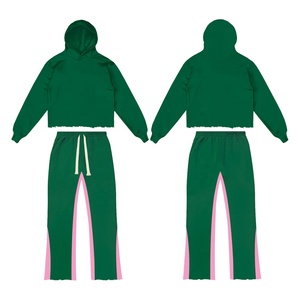 Chándal de retazos con logotipo personalizado de algodón 100%, conjunto de pantalones acampanados de 2 piezas, conjuntos de dos piezas para hombre, Top corto, conjuntos de pantalones de chándal informales para hombre - Product Image 6