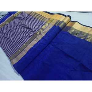 Sari de Seda y Algodón Azul con Bordado Zari en Toda la Superficie - Product Image 2