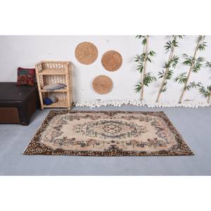 Tapis traditionnel en laine beige marron fait à la main 3.7X6.6 pieds Vintage turc Patchwork Rectangle Design Latex adolescent chevet couloir - Product Image 1
