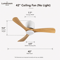 Ventilateur de plafond scandinave de 42 pouces sans lumière, en bois massif, 3 pales, profil bas, montage encastré, moteur DC, télécommande pour chambre à coucher