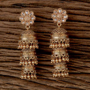 Superbe collection exclusive de boucles d'oreilles Triple Jhumki antiques plaquées or au design impeccable - Product Image 1