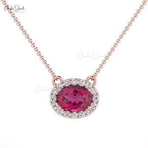 Venta al por mayor 14K oro sólido Halo collar diamante circundante Rosa turmalina piedra preciosa 7x5mm corte fino fiesta de compromiso de las mujeres - Product Image 2
