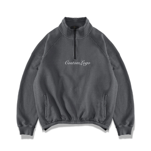 Streetwear vintage à logo personnalisé, sweat à capuche à demi-fermeture éclair délavé, sweat-shirt surdimensionné à épaules tombantes, fermetures éclair, col montant, impression hivernale - Product Image 2