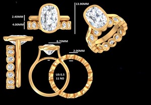 3.75 Ct <b>Cushion</b> Cut Lab Grown Diamond Engagement Ring Set, Diamond Solitaire Ring With Full Eternity Band Solid 14K Yellow Gold - Product Image 6