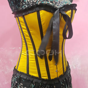Fullbust Steelboned Two Tone Yellow And Black Satin Corset With Frill And Bow - Product Image 1