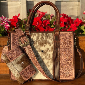 Nuevo estilo Real hecho a mano Tooled Floral estampado piel de vaca bolso de mano nuevo Western Tooled Fur Leather Clutch Combo Set - Product Image 1