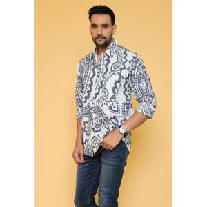 Camisa con estampado Ikat azul hecha a mano cómoda 100% algodón Floral verano Casual ropa de playa bloque impreso con colores azul blanco - Product Image 4