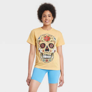 T-shirt da donna XL gialla a maniche corte con stampa Dia De Muertos Sugar Skull, 100% cotone jersey traspirante, taglie XS XXS 4XL - Product Image 1
