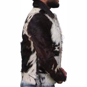Veste en cuir de vache véritable pour homme, fourrure noire et blanche, imprimé vache, motard, moto, vêtements d'extérieur d'hiver, mode - Product Image 3