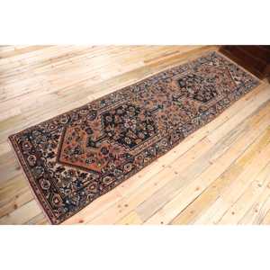 Alfombra de 3.5x12.3 pies, Alfombra Turca Vintage, Alfombra Geométrica Azul Marrón - Product Image 2