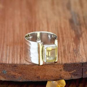 Anillo de citrino Natural de Plata de Ley 925 hecho a mano, anillo bohemio de piedra natal martillada de dos tonos, regalo para ella - Product Image 3