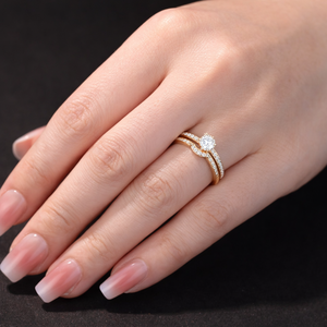 Ensemble de bagues de mariage en diamant cultivé en laboratoire, bague de fiançailles avec diamant central rond et alliance incurvée assortie en or rose 10K 14K - Product Image 6