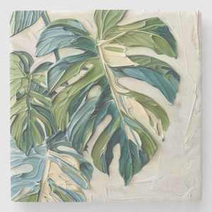 Sous-verre en pierre de marbre de feuille de Monstera, pierre calcaire, fait à la main, décoration naturelle pour la maison - Product Image 2