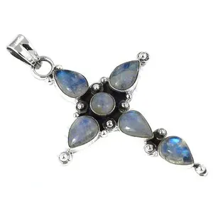 Colgante de Cruz de Plata 925 con Piedra Lunar para Mujer, Joyería Religiosa Hecha a Mano con Piedras Preciosas, Colgante con Baño de Oro Rosa y Rodio - Product Image 1